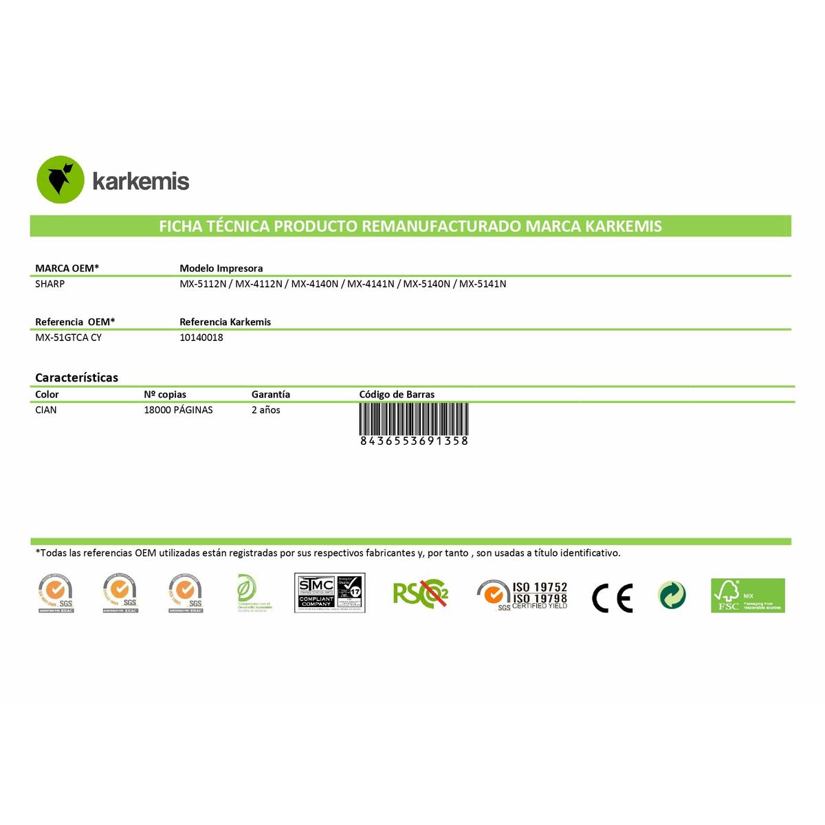 Original Toner Karkemis MX-51GTCA Cyan