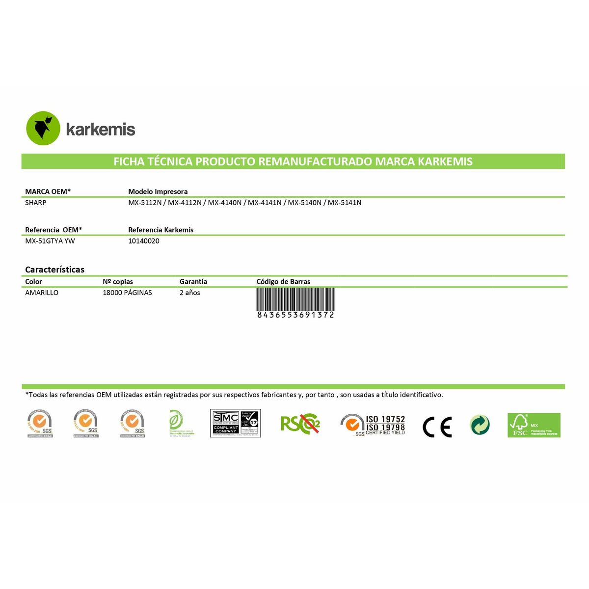 Original Toner Karkemis MX-51GTYA Yellow