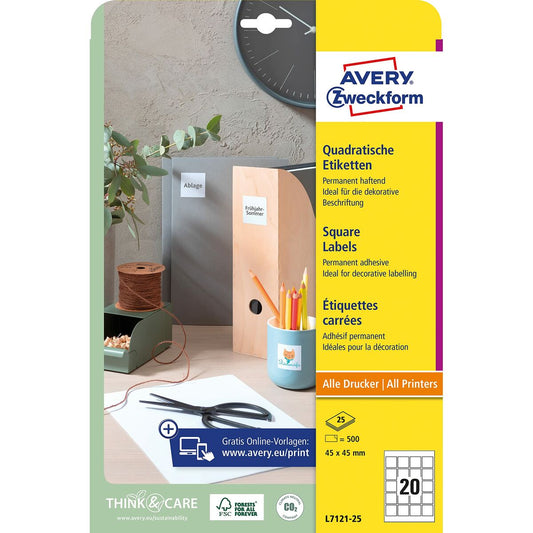 Adhesive labels Avery White 25 Sheets 45 x 45 mm