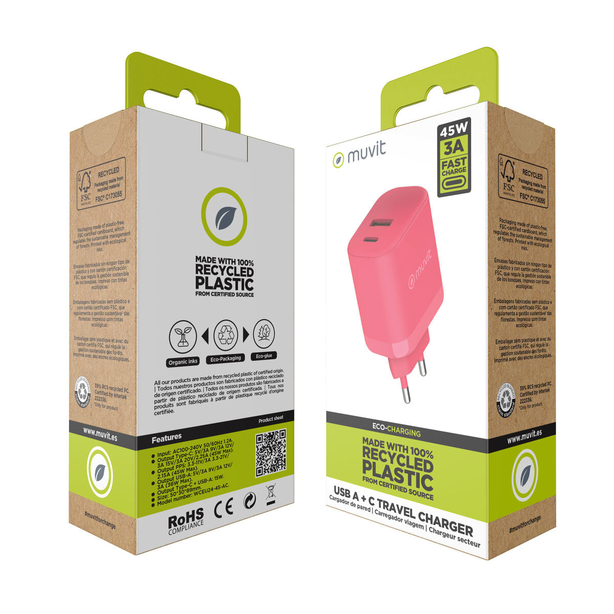Wall Charger Muvit for Change WCEU24-45-AC Magenta 45 W