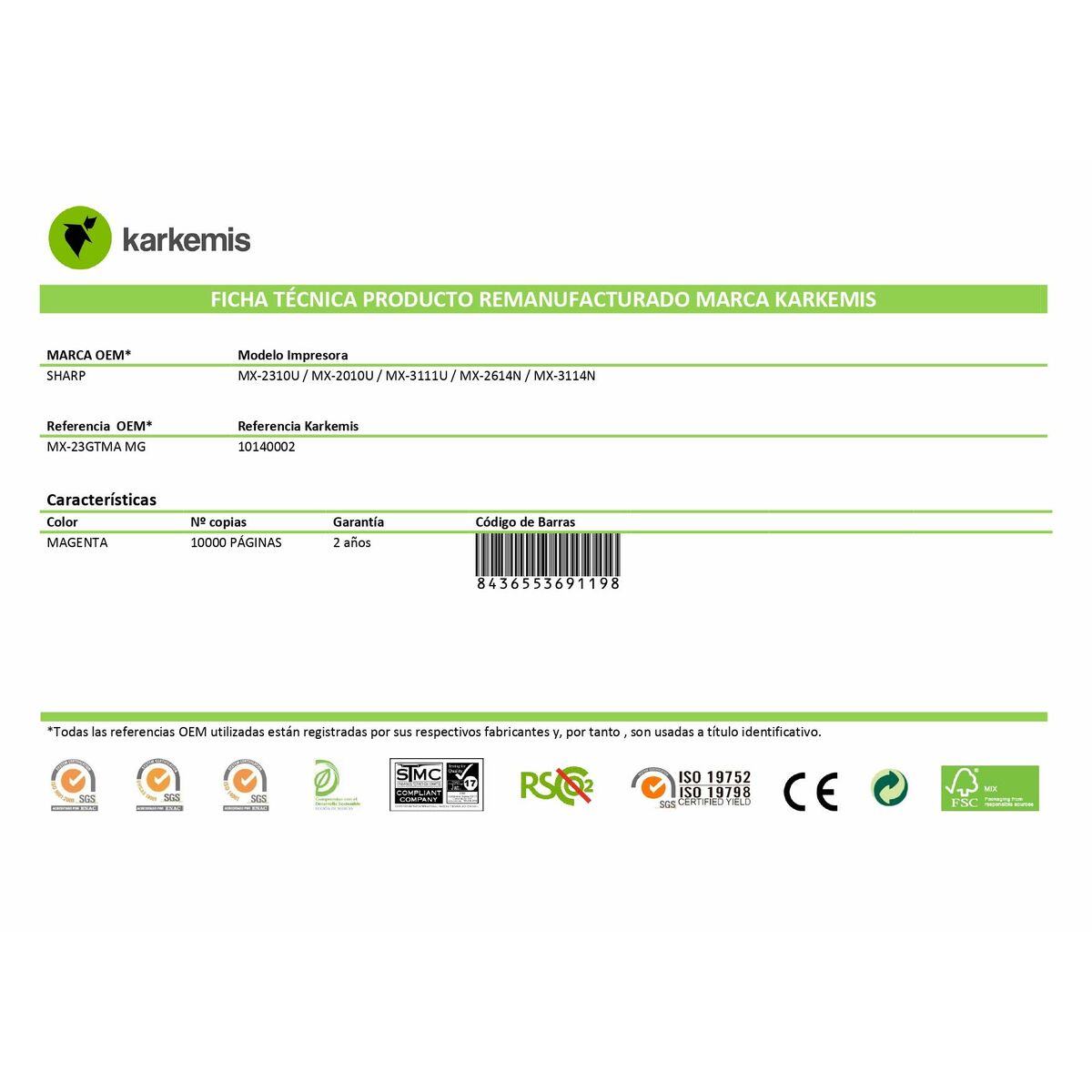 Original Toner Karkemis MX-23GTMA Magenta